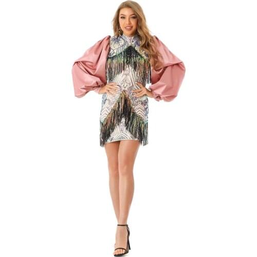 High Quality Women Long Lantern Sleeve Turtleneck Sequins Newlife Above Knee Rayon Pink Celebrity Sexy Dress Evening Party Dress