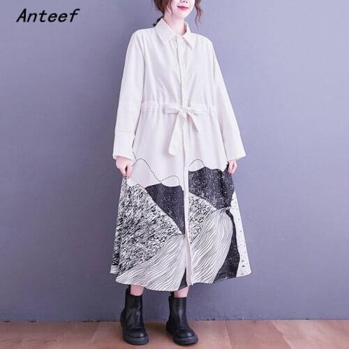 Long sleeve cotton vintage floral dresses for women casual loose autumn spring shirt dress elegant clothing 2021