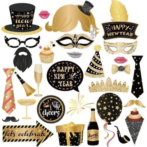 25pcs Happy New Year DIY Photobooth Props Merry Christmas Party Decorations Xmas Photobooth Party Favors