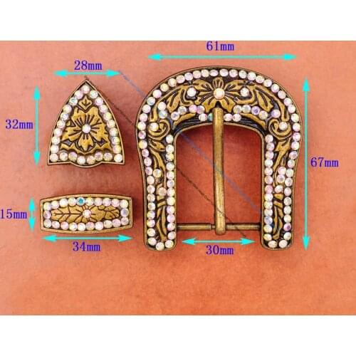 Old Brass Bling Western Cowboy Rodeo 3PCS Set Floral Carved Replacement Colourful Rhinestone Crystal Belt Buckle Fit 30mm Strap
