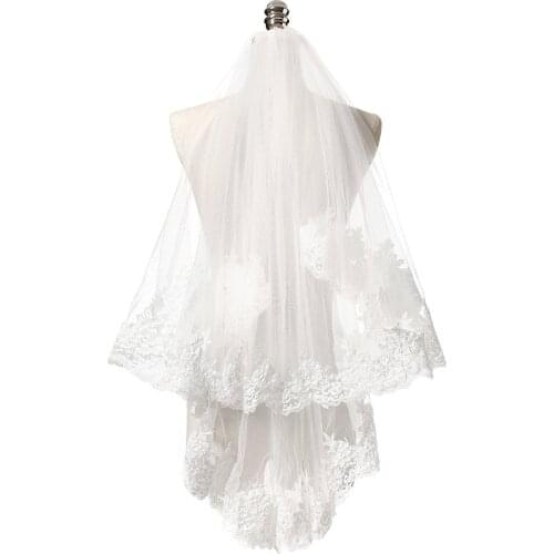 2 Layers Lace Embroidered Edge Bridal Wedding Veil Elbow Length White Ivory Color