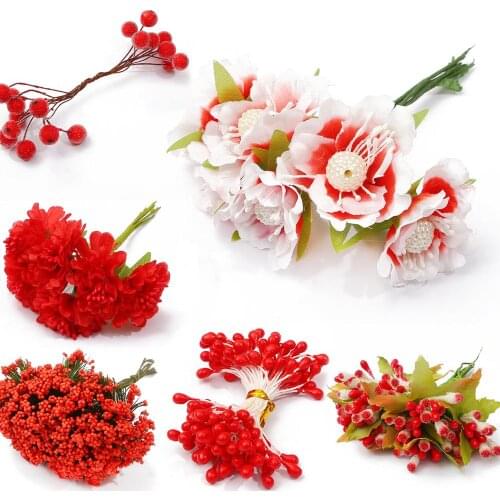 6-144pcs Red Bouquet Peony Artificial Flowers Cherry Stamen Berries Bundle For DIY Cake Christmas Gift Box Wreaths Decoration