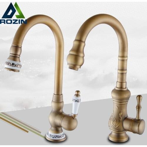 Brass Antique Deck Mount Kitchen Sink Mixer Taps Single Lever Swivel Rotation Kitchen Faucet