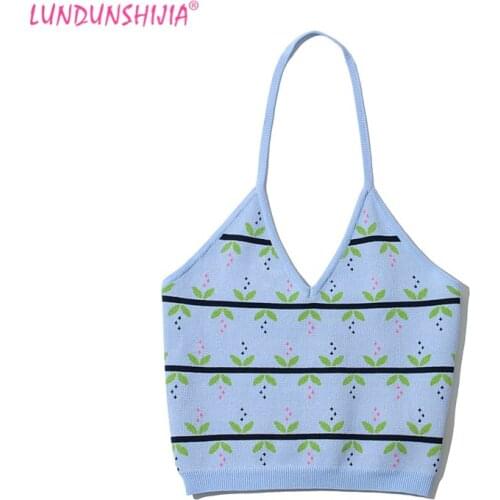LUNDUNSHIJIA 2021 Summer Womens Sexy Big V-neck Hang Neck Vest Fashion Leaves Jacquard Halter Top Femme Clubwear Tank Tops