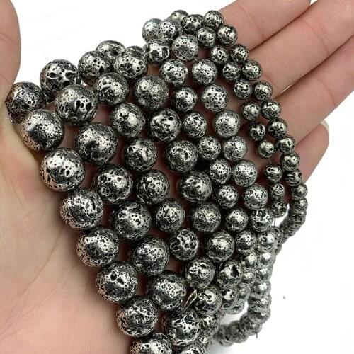 MKTREG Natural Lava Stone hematite 4/6/8/10/12MM 15’’ Antique silvers Round Loose beads for Jewelry necklace bracelet making DIY
