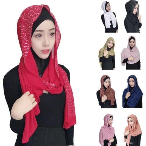 180*70CM Muslim Women Long Scarf Shawls Islam Head Cover Wrap Turban Chiffon Hot Drilling Headscarf Arab Scarves Headwear Stole