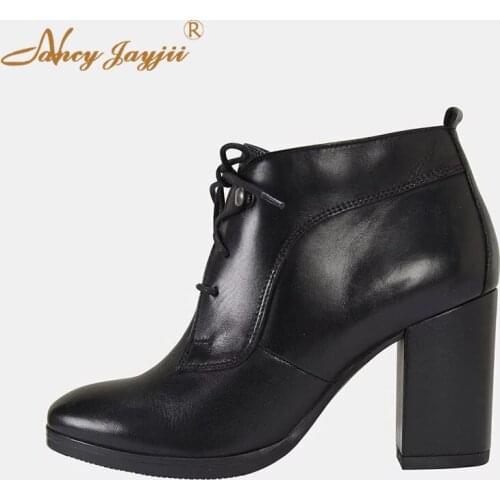 Genuine Leather Cow Leather Women Lady Boots Black Solid Zipper Cross-tied Round Toe Super High Square heels 2019 10cm~12cm