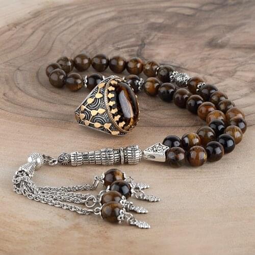 Natural Tiger Eyes Rosary and 925 Sterling Silver Men Vintage Ring Jewelry Set