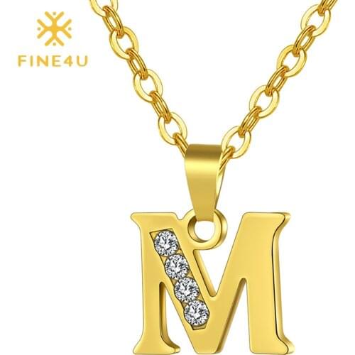 FINE4U N781 Initial Pendant Necklace Stainless Steel with Cubic Zirconial 26 Letter Alphabet Jewelry for Women Teen Girl