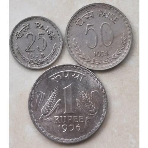 India 1974-1976 25-50 Paisa-1 Rupees Full Set 3 Pieces Genuine Coins Real Original Coin