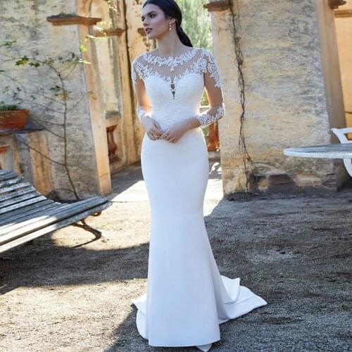 Wonderful Satin See Through Scoop Neckline Mermaid Wedding Dresses Applique Lace Long Sleeves Sheath Bridal Dress 2021