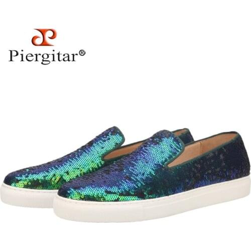 Piergitar New Style Teal Sequins Handmade Men Sneakers Vamp That Can Change Color Dermis Insole Mens Loafers Increased Outsole