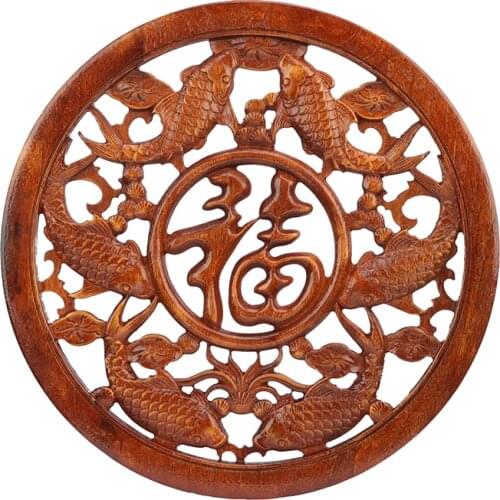 VZLX Wood Carved Applique Frame Corner Onlay Unpainted Furniture Home Door Decor Decoration Accessories Blessing Lotus Fish