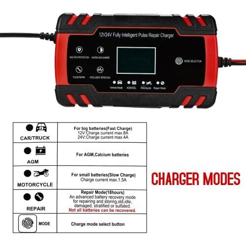 Car Battery Charger 12/24V 8A Touch Screen Pulse Repair LCD Fast Power Charging Wet Dry Lead Acid Digital LCD Display