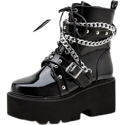 Genuine Leather Short Boots Chain Flock High Heel Ankle For Women Motorcycle Black Punk Mart Booties Shoes Platform Heel