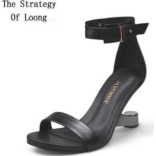 Summer New Concise Metal Strange Heels Peep Toe Cut Out One-Strap Buckle Strap Genuine Leather Women Fashion Gladiator Sandals