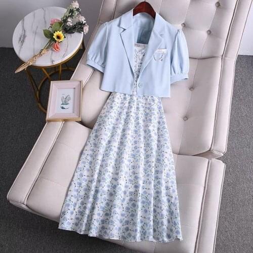 Dress Suit Female 2021 Summer New Fashion French Mid Length Floral Sling Skirt Lantern Sleeve Two Piece Coat