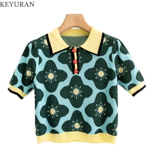 Thin Knitted Pullover Sweater for Women Turn Down Collar Contrast Color Flower Jacquard Puff Sleeve Knit Cropped Top Chic Floral