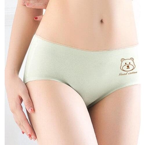 Woman Seamless Cute Bear Print Breathable Solid Color Cotton Underwear Briefs