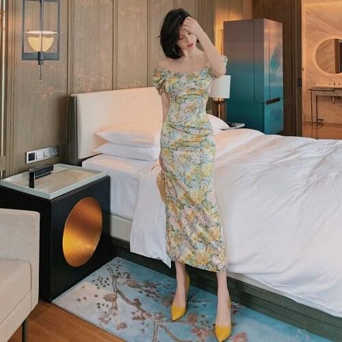 New arrival fashion retro dress women elegant summer vintage puff sleeve beach temperament fresh print party pencil long dress