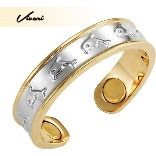 Vivari Adorable Magnetic Copper Ring For Women Dolphin Pattern 2-Tone Silver Gold Color Jewelry Charm Finger Wear Ring Light