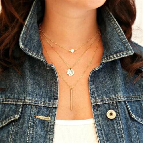 Women Gold Layered Necklace Hammered Disc Long Bar Necklace CZ Crystal vertical bar Bridesmaid Boho Jewelry Femme Collares