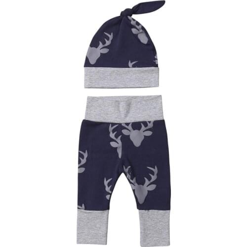 Newborn Baby Boys Girls Deers Print Pants Santa Bottoms +Hats 2Pcs Set Cotton Leggings Long Pants 50Pcs/Set Wholesale