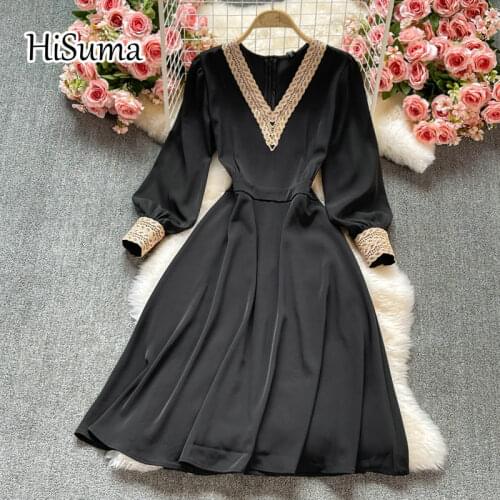 2021 summer new women v-neck lantern sleeves chiffon stitching lace A-line dress female Chic elegant black party dresses