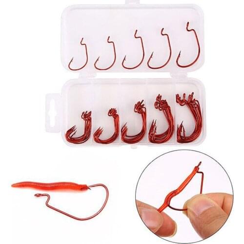 50Pcs/Box High Strength Crank Hooks Texas Rig High Carbon Steel Hook set for Soft Bait Lure Fishhooks Fishing Accessories Red