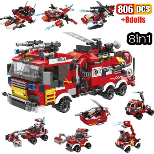 806Pcs City Fire Fighting Department 8 IN 1 Trucks Building Blocks Fireman Figures Bricks Construction Toys for Children Gifts