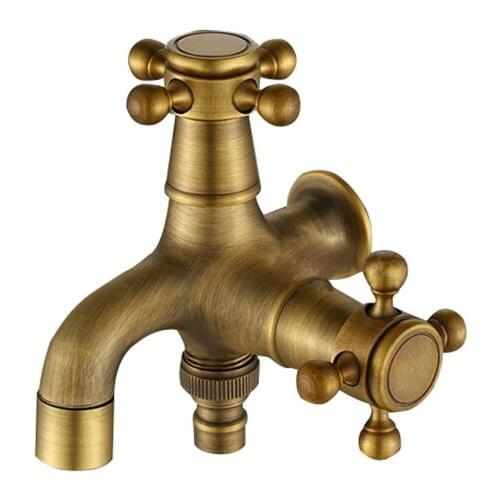 Antique Brass Single Cold Tap Dual Use Washing Machine Faucet G1/2 Wall Mount Double Spouts Decorative Garden Bibcock Faucet