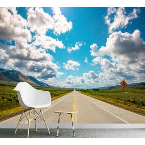 Free Shipping Custom 3d Wallpaper Blue Sky Clouds Prairie Highway Background Wall Blue Sky White Clouds Living Room HD Mural