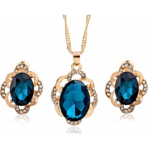 Black Blue Sections Oval Rhinestone Shiny Crystal Necklace & Earrings Golden Jewelry Sets for Women