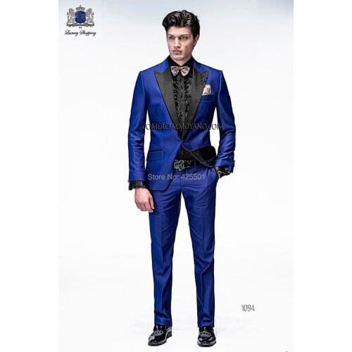 Groom Suits For Men 2020 New Single Breasted Peaked Lapel Slim Fit Royal Blue Satin Wedding Suit & Business Party Suit Tuxedo