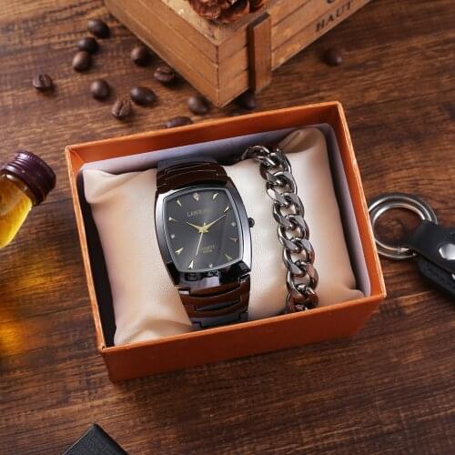 XSVO Mens Fashion Creative Square Dial Steel Band Quartz Watch + Bracelet Simple Casual Sports Male Wristwatches