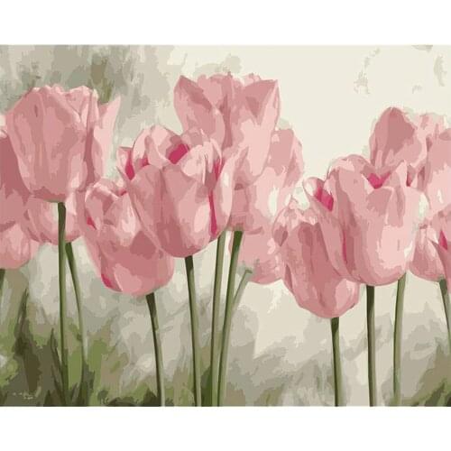 FSBCGT Oil Painting By Numbers Kits Flowers Pink Tulips Hand Painted For Adults Canvas Art Paint By Number DIY Gift Home Decor