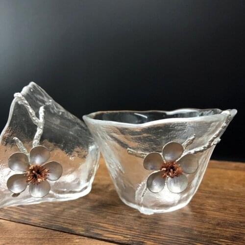 2021 New Chinese Style Antique Heat Resistant Tin Plum Blossom Red Fruit Tea Cup Transparent Glass Small Tea Bowl