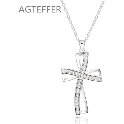 AGTEFFER 925 Sterling Silver 18 Inches Cross AAA Zircon Pendant Necklace For Women Fashion Wedding Party Charm Jewelry