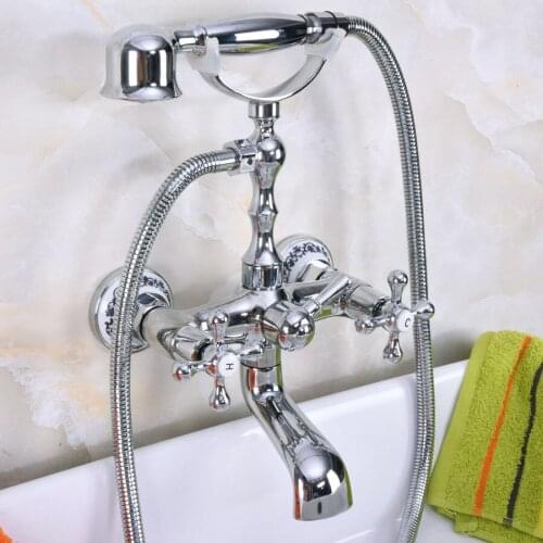 Polished Chrome Brass Double Cross Handles Wall Mounted Bathroom Clawfoot Bathtub Tub Faucet Mixer Tap w/Hand Shower ana183