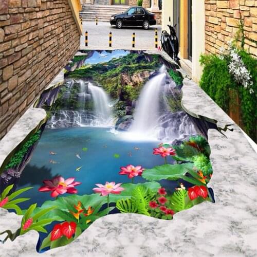 PVC Self Adhesive Floor Sticker Custom Photo Wallpaper 3D Blue Sky White Clouds Waterfalls Lotus Bathroom kitchen 3D Floor Mural