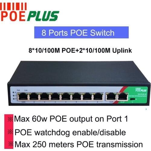 Certified AI 8 ports POE switch 10/100Mbps with 2 ports UPLINK 802.3af/at active max 250meters 60w POE output