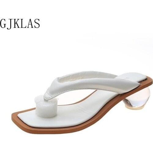 Flip Flops Kitten Heels Leather Slippers Women Socofy Sandalias Fashion Woman Slipper Green White Mules Female Sandals Heels