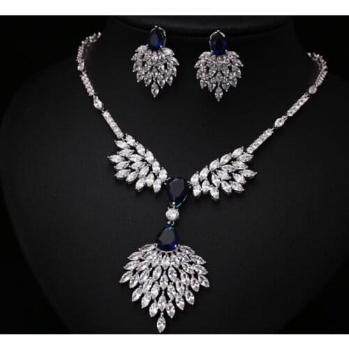 Blue Classic Bridal Cluster Marquise Cubic Zirconia Necklace Earrings Wedding Jewelry Sets For Fashion Women