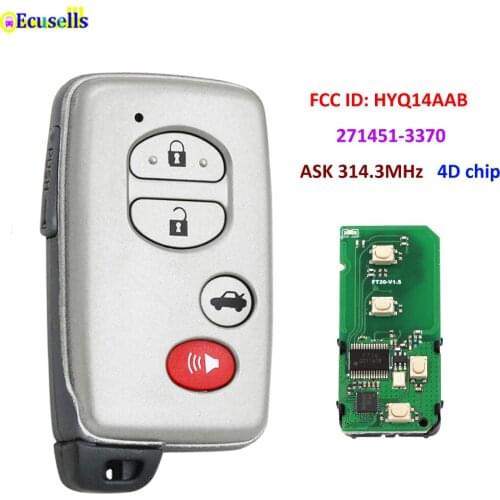 Smart Proximity Key Remote Card 4 Buttons ASK 314.3MHz 4D Chip for Toyota Avalon Camry Corolla FCC ID: HYQ14AAB 271451-3370