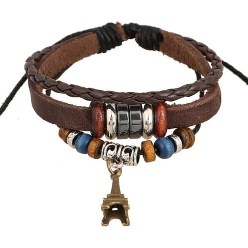 Vintage Fashion Casual Women Girl Bracelet Multi-layer Leather Iron Tower Beads Charm Bangle Wrap Wristbands Punk Retro Jewelry
