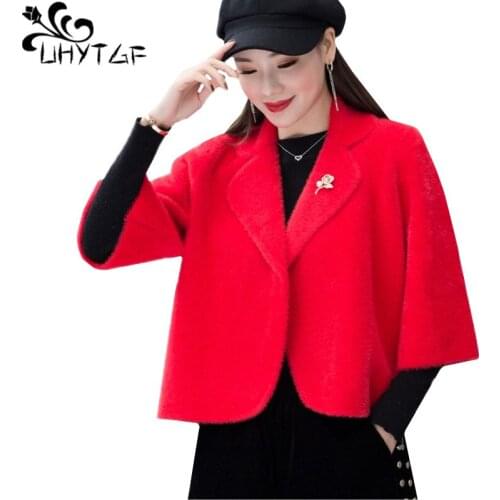 UHYTGF knitted women spring autumn coat fashion mink fleece short tops shawl cardigan womens casual loose plus size jacket 1805