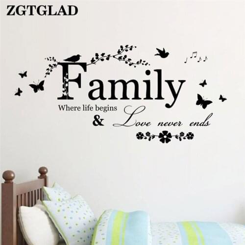 ZGTGLAD 1 Set Family Love Never Ends Quote Wall Sticker Lettering Art Words Wall Decal Home Decor Wedding Decoration Living Room