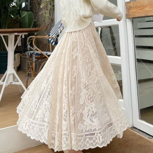 REALEFT Vintage Womens Lace Crochet Umbrella Long Skirts 2021 Bohemian High Waist Hollow Out Female Maxi Skirts Spring Summer