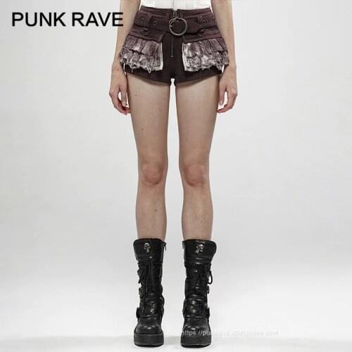 PUNK RAVE Womens Steampunk Viper Stonewashing Shorts Punk Denim Cotton Linen Lace Personality Women Short Detachable Belts