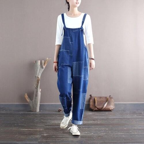 Women Loose Vintage Denim Jumpsuits ladies Retro Patches Denim Overalls Rompers Female Jumpsuit 2021